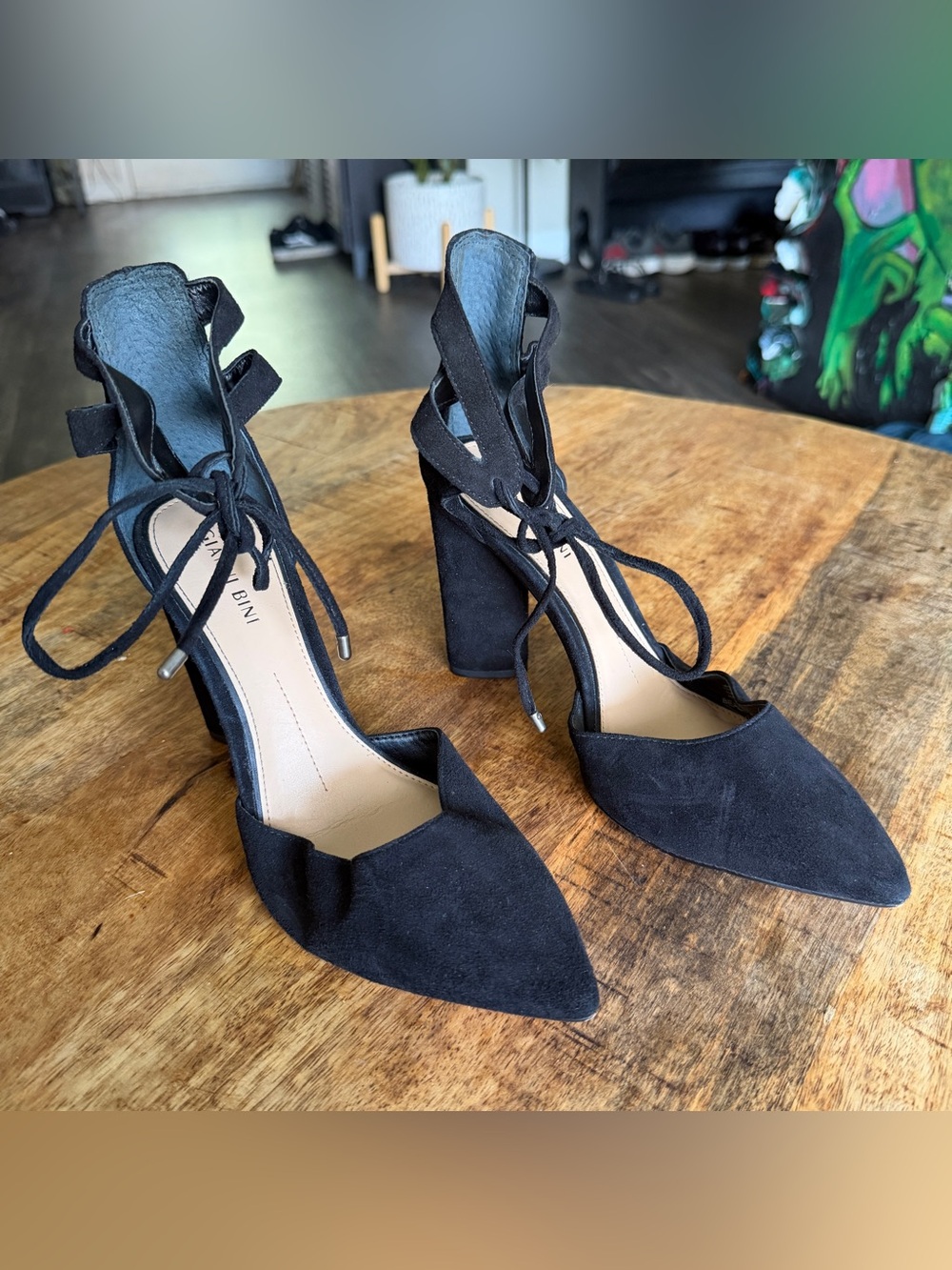 Giani Bini Black Suede Pointed Lace-Up Block Heel Pumps With Ankle Tie